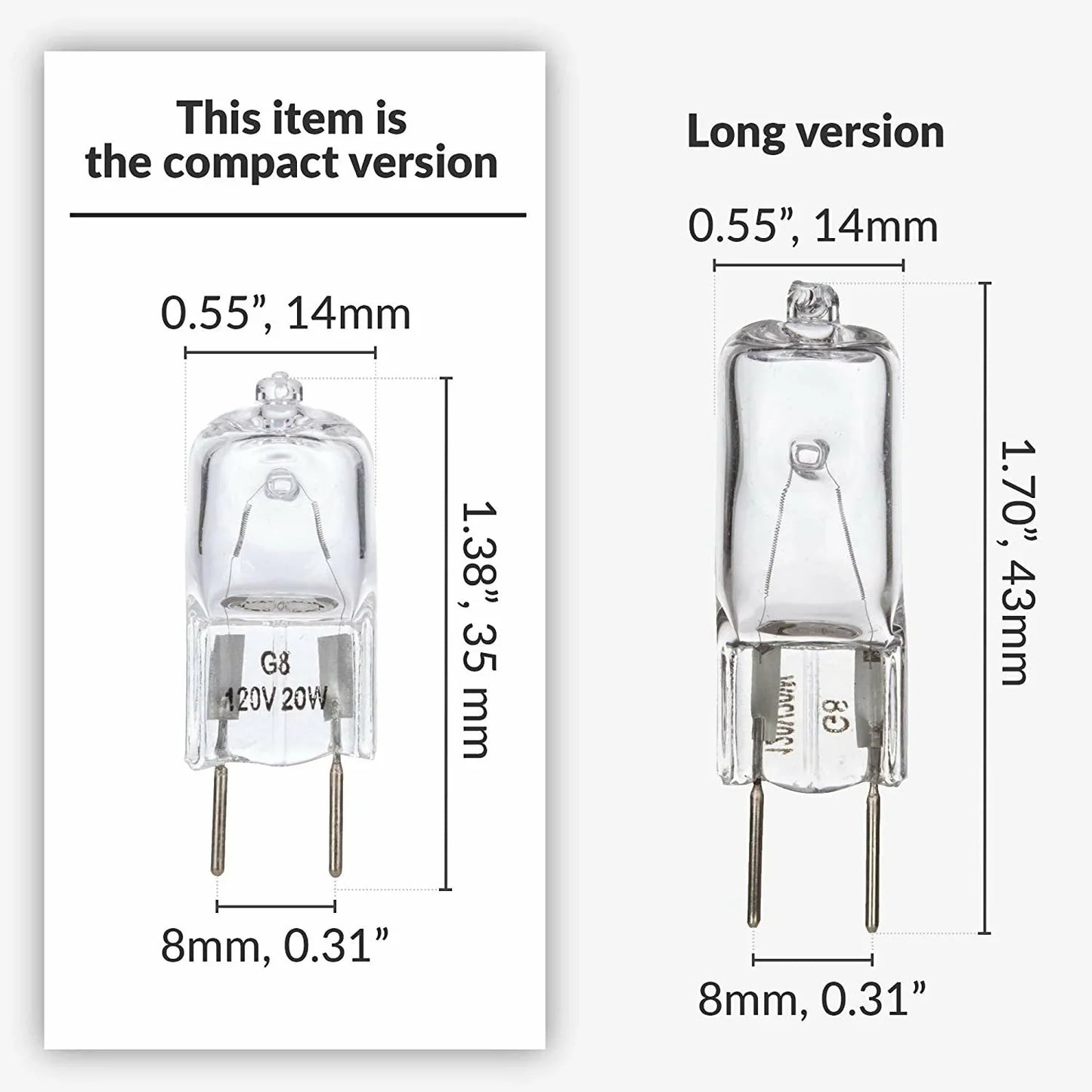 Simba Lighting Halogen Light Bulb G8 T4 20W JCD Bi-Pin Shorter 1.38" Length 120V, 2700K, 10-Pack