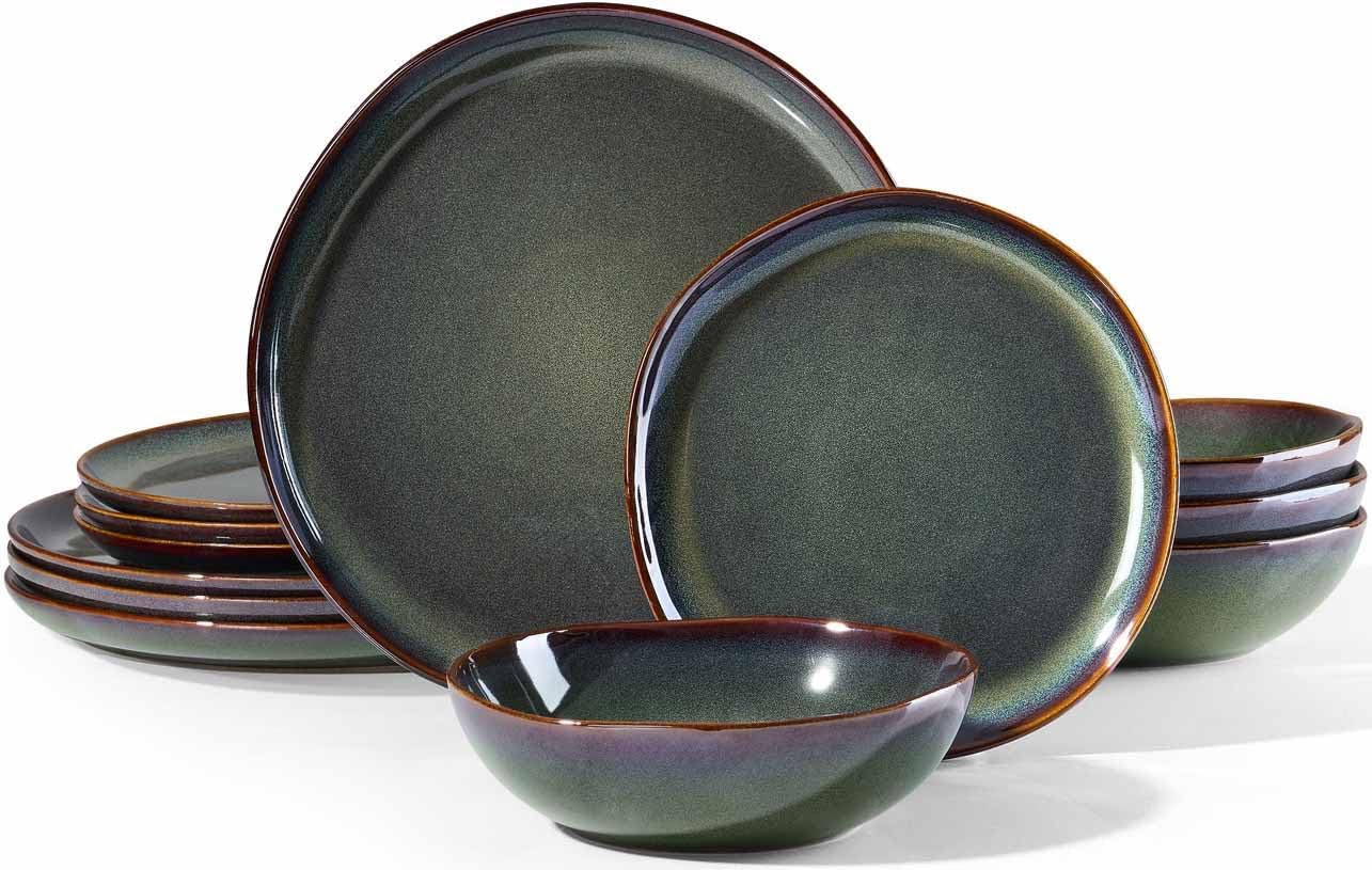 Herogo 12PCS Stoneware Dinnerware Sets, Plates and Bowls Dish Set for 4, Irregular Handmade Dinner Ware Dishware for Kitchen Dinning, Microwave & Dishwasher Safe, Lichen Green