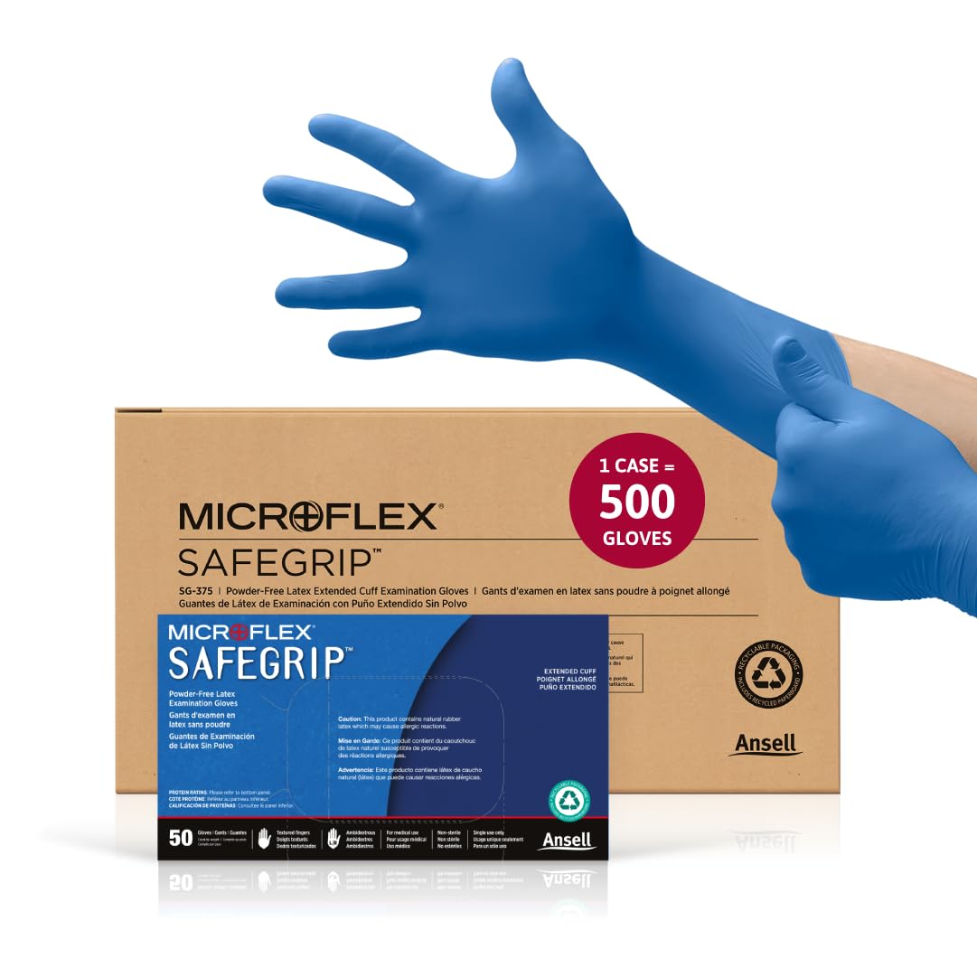 Ansell MICROFLEX SafeGrip SG-375 Extra Thick Disposable Latex Gloves for Life Sciences, Automotive w/Textured Fingertips - XL, Blue (Box of 50)