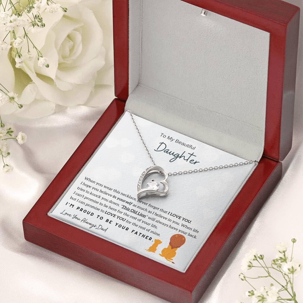 Momavo Jewelry Daughter Gift: Father to Daughter Christmas Birthday Gift, Forever Love Necklace (Luxury Box w/ LED LIGHT, 14k White Gold Finish)