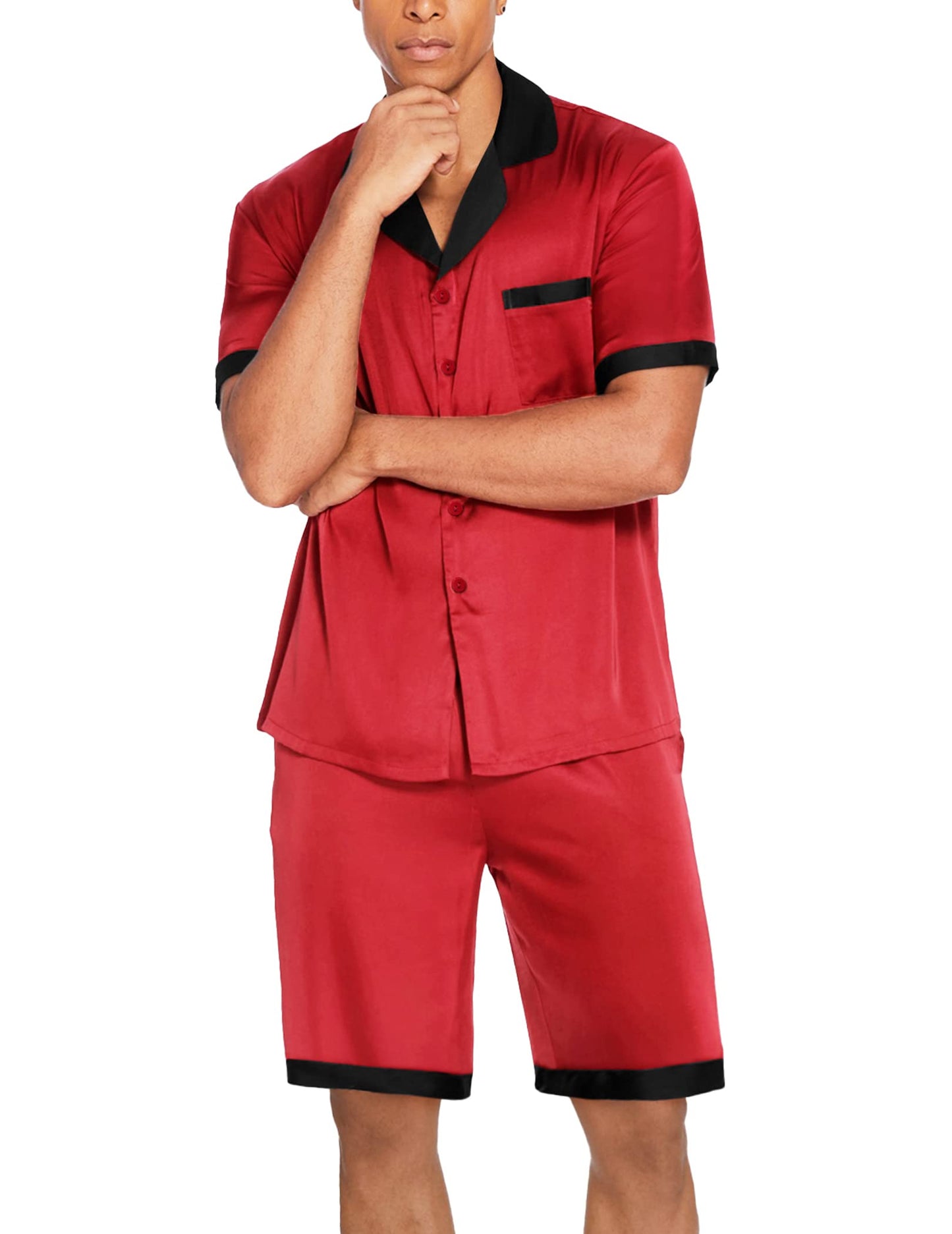 Ekouaer Men Satin Silk Pajamas Set with Pockets Sleepwear Shorts Satin Summer Loungewear 2 Piece Button Down Set S-3XL