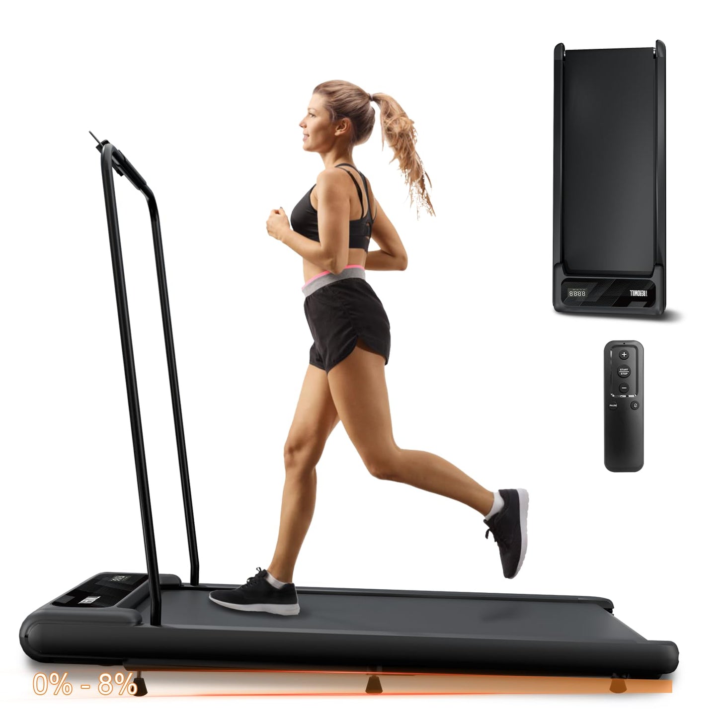 Canisflax Walking Pad with Handle Bar, 2.5HP Treadmill with Handle, Portable Under Desk Treadmill for Home Office Use, Adjustable Incline, Large LED Display, Remote Control, Grey