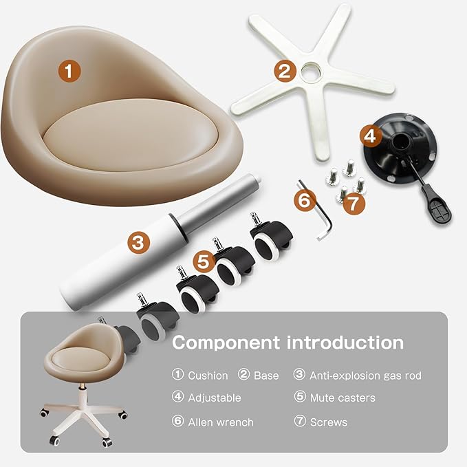 Walktory Round Rolling Stool with PU Leather Low Backrest, Hydraulic Height-Adjustable Swivel Chair for Spa, Salon, Tattoo, Massage, or Medical Office