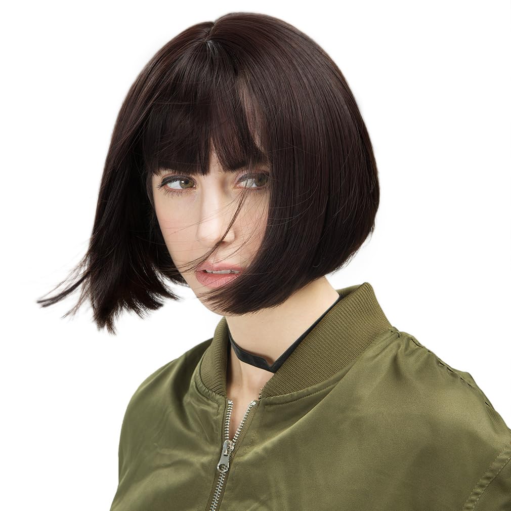 REECHO 11 Short Bob Wig with bangs Synthetic Hair for White Black Women Color: Dark Brown