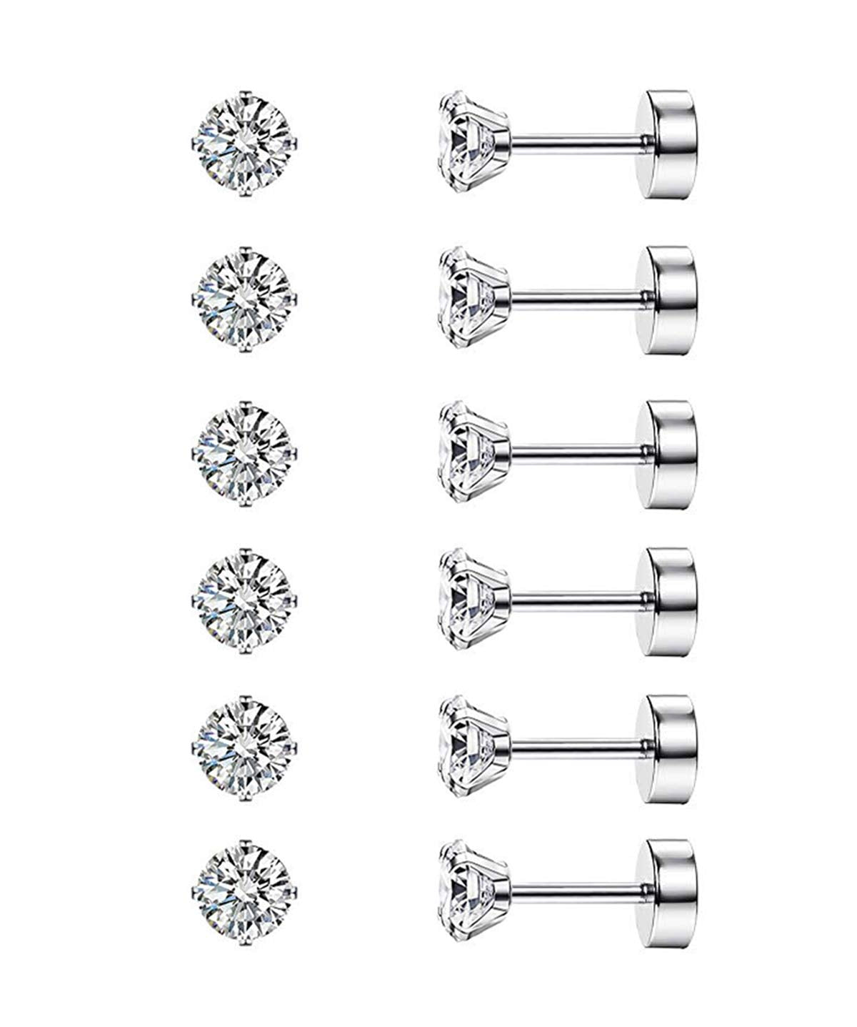 CASSIECA 6 Pairs 20G Cartilage Earring Stud for Women Men 316L Surgical Steel Flat Back Earrings Set, 4mm Round CZ Flat Back Stu