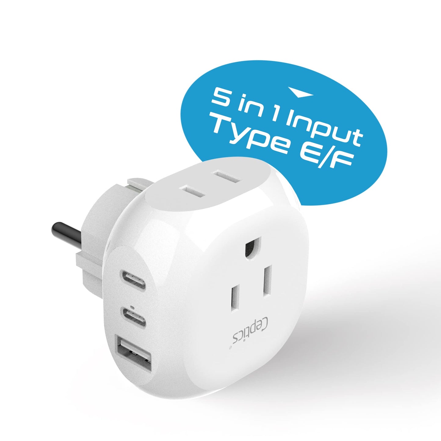 Ceptics European Schuko Travel Adapter - 5 Input With 20W Pd-Qc 3.1A Dual Usb-C And Usb - Ultra Compact - Light Weight - Usa To