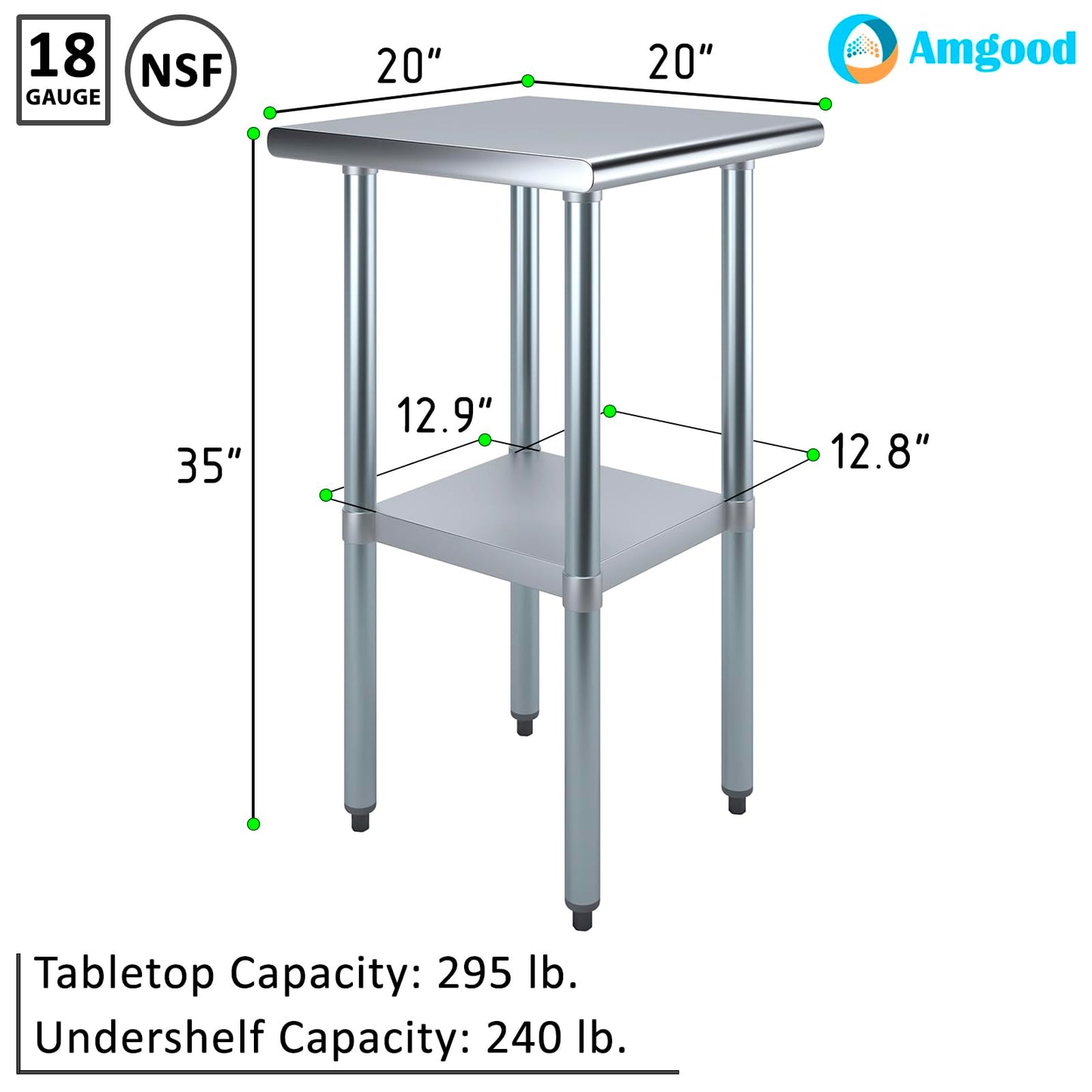 AmGood 20 in. x 20 in. Stainless Steel Work Table | Metal Kitchen Food Prep Table | NSF