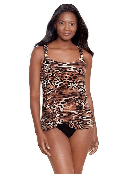 Miraclesuit Women's Swimwear Ocicat Dazzle Scoop Neck Underwire Bra Tankini Top, Black/Multi, 18
