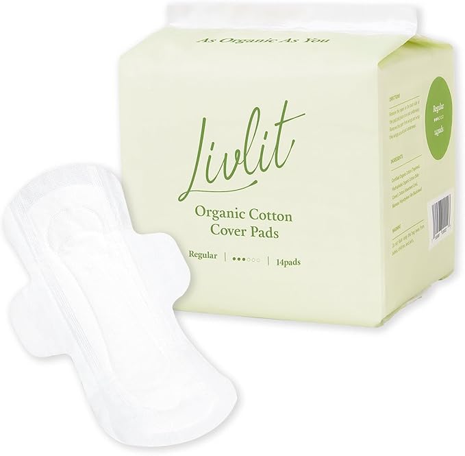 Livlit Regular Size Ultra Thin Sanitary Pads, 100% Organic Cotton from Texas, Powerful Leak Protection, Unscented, Chlorine Free and Absorbency of Feminine Periods, Pads for Women (14 Count)