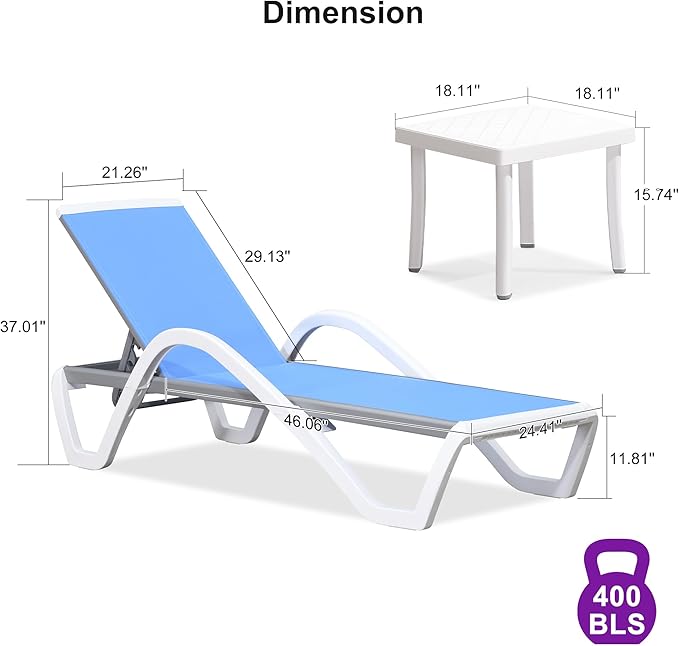PURPLE LEAF Patio Chaise Lounge Chair Set of 3 Outside Aluminum Plastic Stackable Tanning Chairs with Armrests and Side Table for Pool Sunbathing Beach Deck Outdoor Lounger, Royal Blue