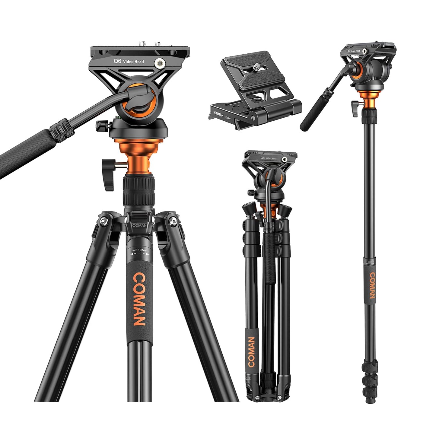 COMAN Camera Tripod with Fluid Head, Lightweight Compact Tripod for Camera with Detachable Monopod Aluminium Alloy and QR Plate for DJI Canon Nikon Sony DSLR Camera 70.8“ Max Load 22.04lb(FF06S)