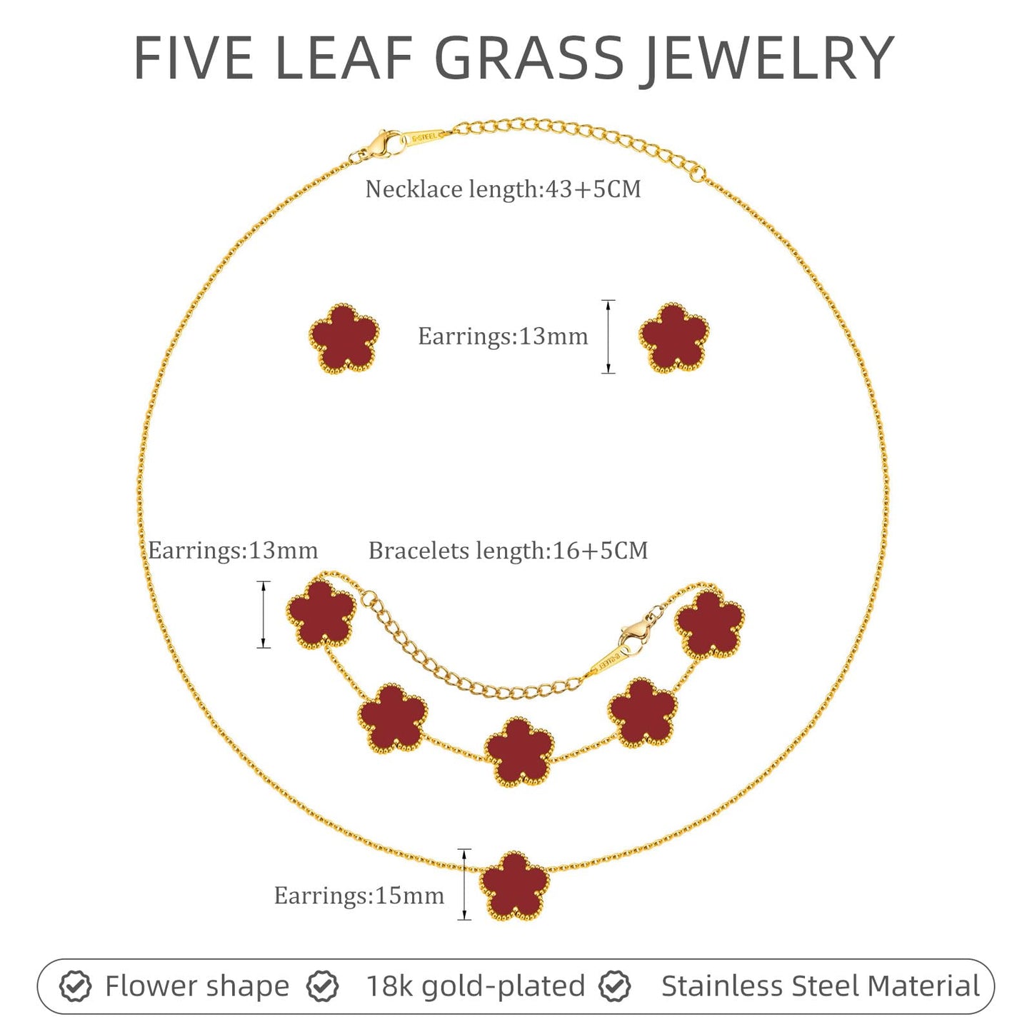Gold Necklaces Bracelets Earring Set - 18K Gold Plated Flower Bracelet Chain,Stainless Steel Non Tarnish Floral Pendant Stud Jewelry Sets,Christmas Birthday Lucky Gift for Mom Wife Daughter Girlfriend