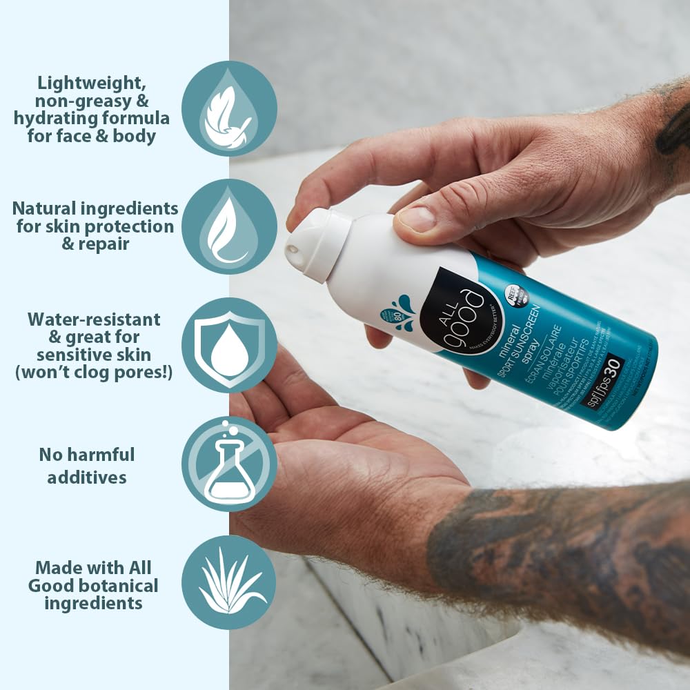 All Good Sport Sunscreen Spray - UVA/UVB Broad Spectrum SPF 30 - Water Resistant, Coral Reef Friendly - Zinc, Calendula, Aloe (6