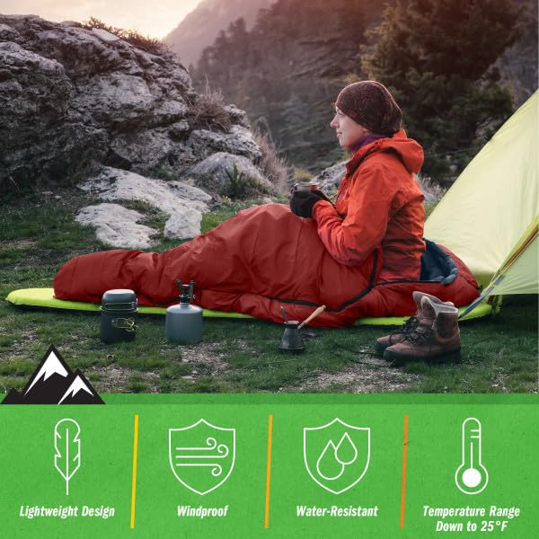 Mummy Sleeping Bag - Adult Cold Weather Sleeping Bag Rated to 25°F - Waterproof with Drawstring Hood - Camping Equipment b...