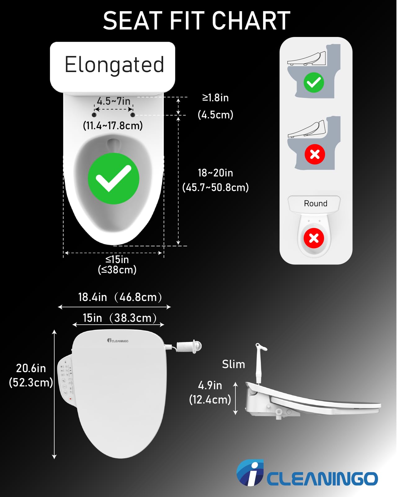 DC01 Pro iCleaningo Electric Bidet Toilet Seat, Side Panel Control, Instant Heating, Warm Water Wash, Heated Seat, Warm Air Dry, Auto Open & Close Lid, 360° Handheld Sprayer, Elongated, Remote