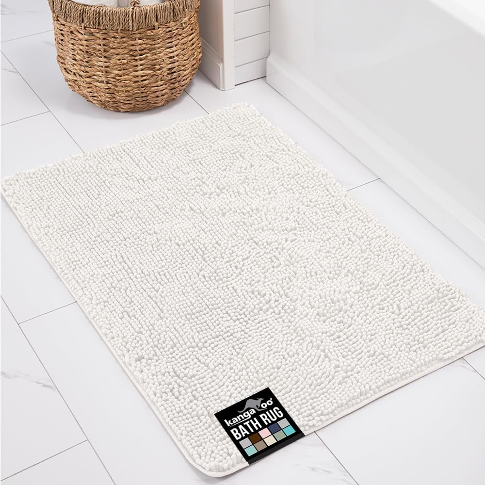 KANGAROO Bathroom Rugs, Chenille Soft Absorbent Bath Rug, Shaggy Shower Mat, Quick Dry Machine Wash Bathmat, Plush Carpet Mats for Tub, Bathtub and Room Home Decor Accessories, 42x24, White
