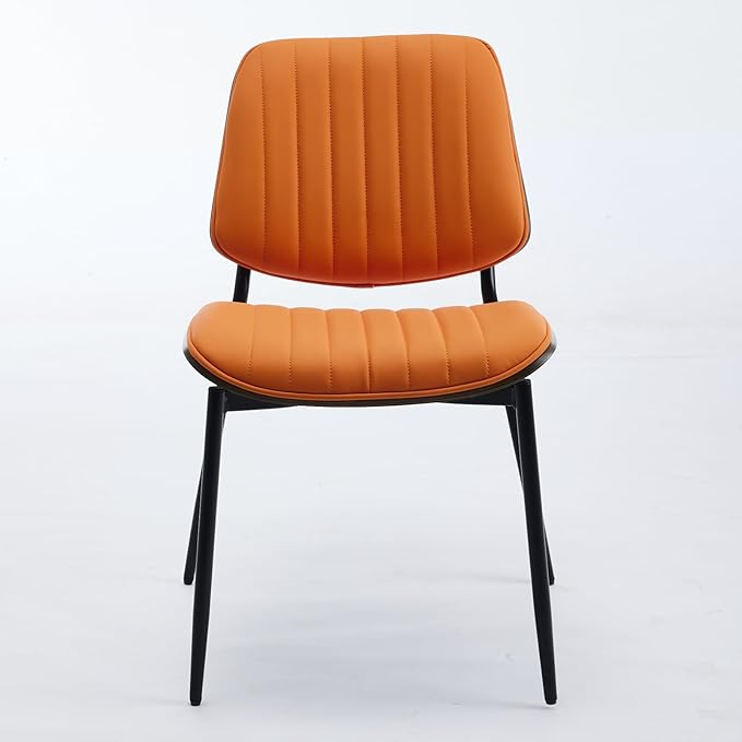 YaFiti Dining Chairs Set of 4, Mid Century Modern Accent Dining Room and Kitchen Chairs, Upholstered PU Leather Vertical Stripe Chairs for Vanity with Walnut Bentwood and Metal Legs, Orange