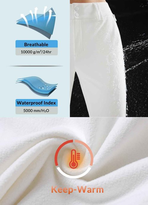 baleaf Women's Fleece Lined Snow Ski Pants Waterproof Insulated Windproof Slim Thermal Winter Pants Hiking Snowboard White S