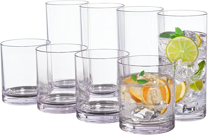 US Acrylic Classic Clear Plastic Reusable Drinking Glasses (Set of 8) 12oz Rocks & 16oz Water Cups | BPA-Free Tumblers, Ma...
