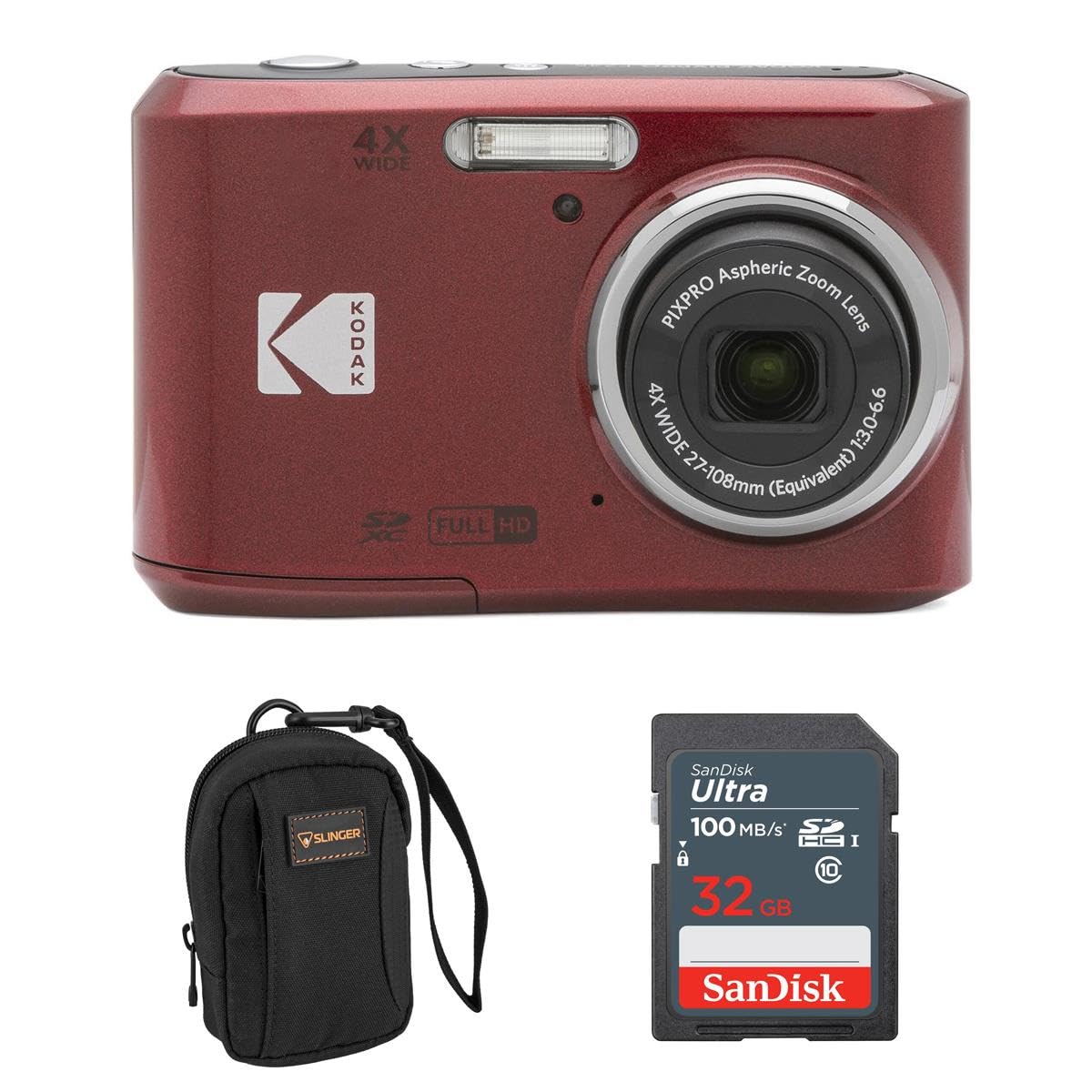 Kodak PIXPRO FZ45 Friendly Zoom 16MP Full HD Digital Camera  Red  Bundle with 32GB Memory Card and Camera Bag-New