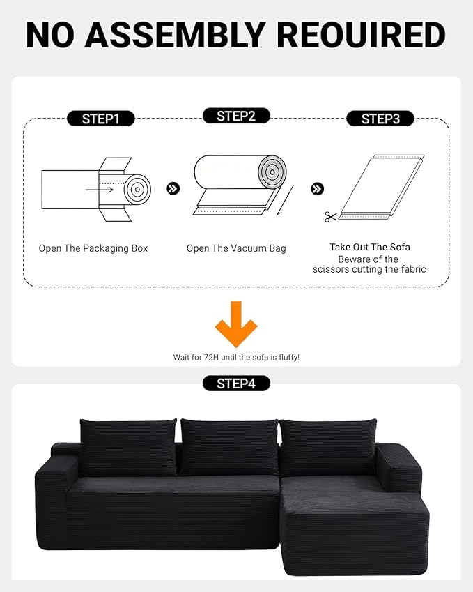 97" Cloud Sectional Couch,Modern Modular Sectional Sofa with Deep Seat,Corduroy Boneless Couches with L-Shape Chaise for Living Room Bedroom,No Assembly Required (Black, 97" Right Facing Chaise)