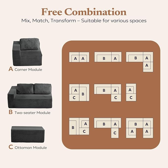 Furnify 106" Cloud Sectional Couch, Left/Right Facing Convertible Sofa with Deep Seat, L-Shape Modular Upholstered Foam Couch for Living Room Bedroom, No Assembly Required (Corduroy Fabric, Grey)