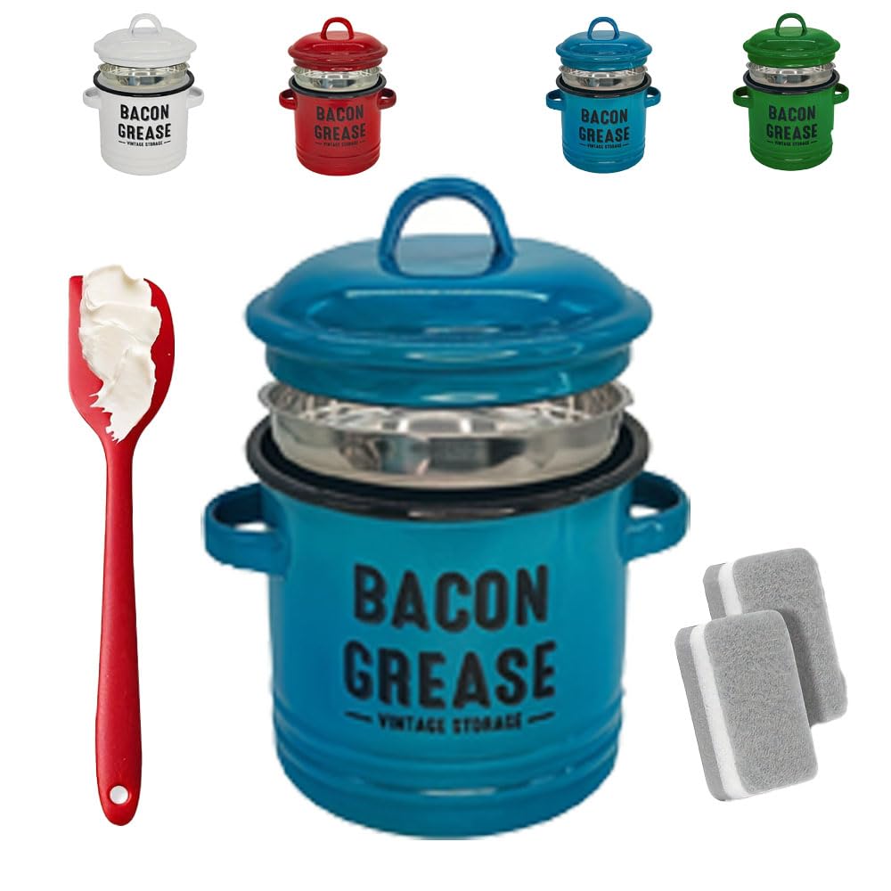 2026 New Bacon Grease Container with Strainer and Food-Grade Silicone Spatula, 46 Oz Grease Trap Jar, Greases Saver for Kitchen, Enamel Oil Can for Cooking/Frying/Baking (Blue)