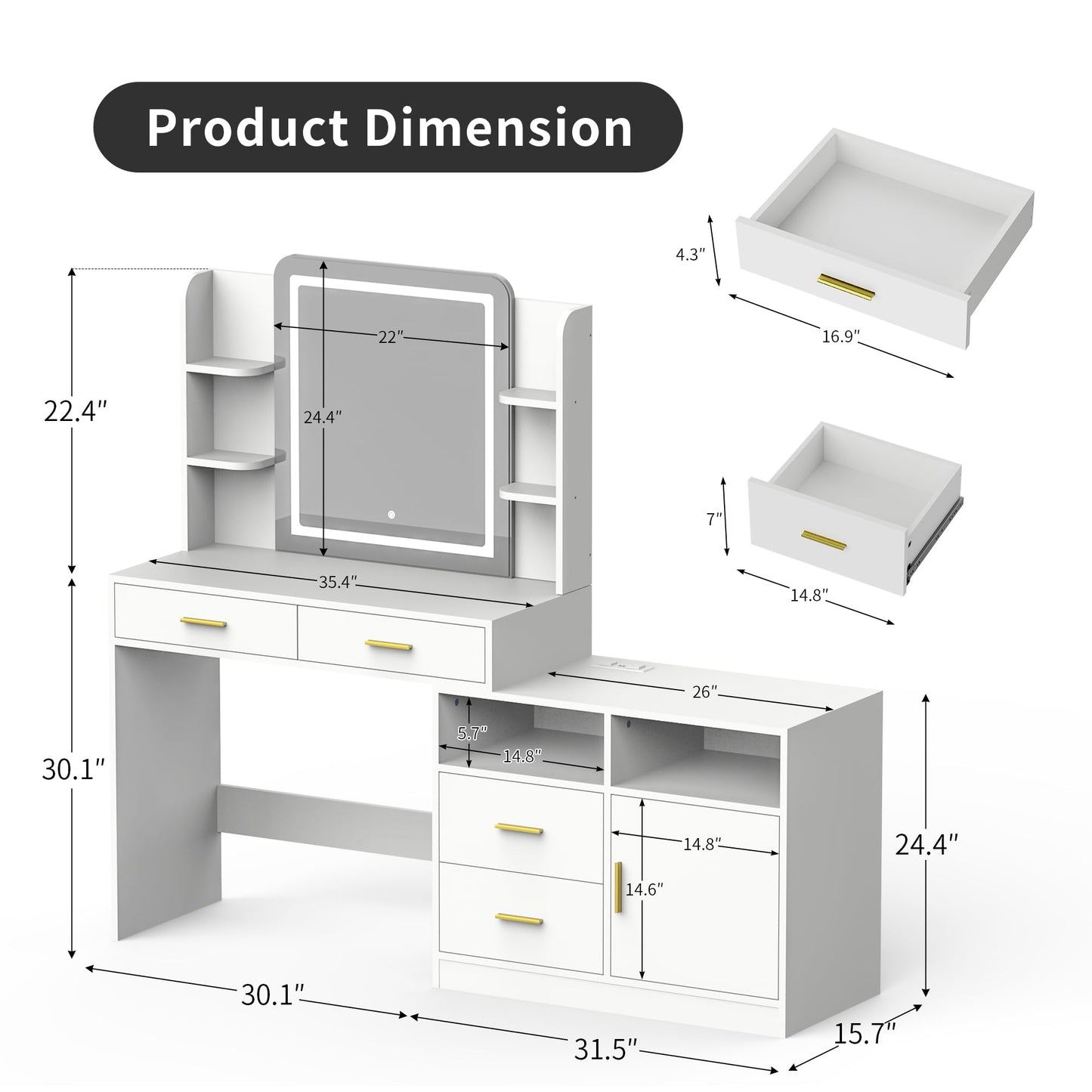 Pamapic 13 Storage Vanity Desk with Lighted Mirror, Makeup Vanity with Power Outlet, White Dresser with Mirror, Dressing Table with 4 Drawers, 8 Shelves and Cabinet, 3 Lighting Colors, Silent Slides