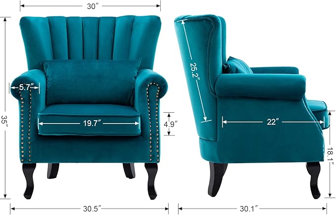 DM Furniture Mid Century Accent Chair Modern Tufted Wingback Armchairs Club Chair Velvet Single Sofa Lounge Chair with Pillow for Living Room, Teal Blue