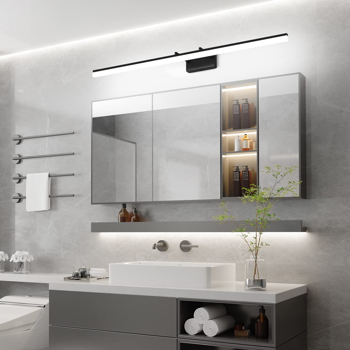 Aipsun 48inch Black Bathroom Llight Fixtures LED Vanity Light Adjustable Modern Vanity Lights Over Mirror Rotatable Lighting 5500K