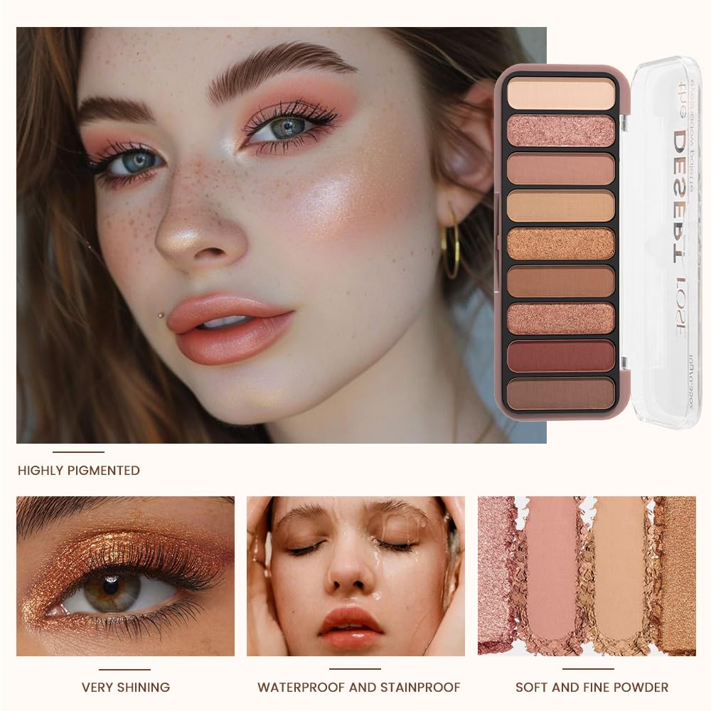 HHLTOH 9-Color Eyeshadow Makeup Palette, Blendable Shimmer & Matte, Caramel Cinnamon Rose Golden Brown Eye Shadow Palette, Long-