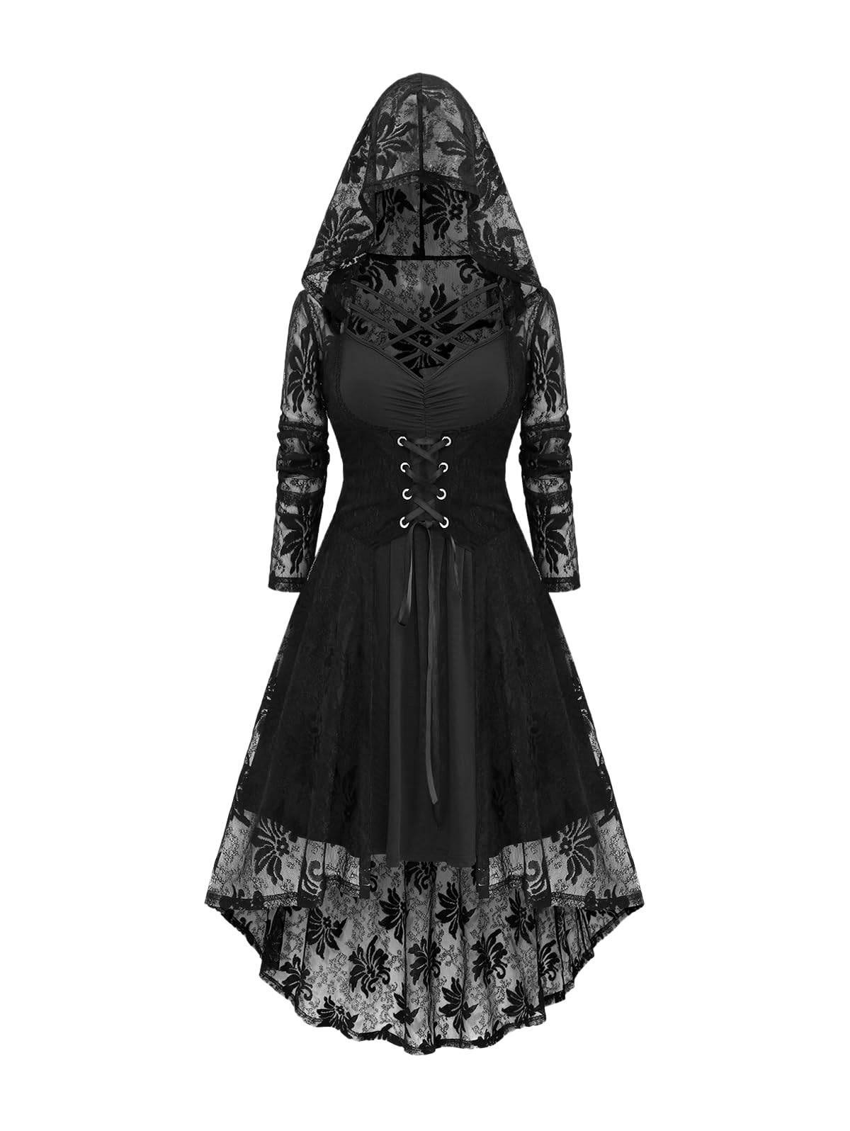 Rosegal Womens Plus Size 2pcs Witch Halloween Costume Gothic Lace Hooded Lace-up High Low Hem Long Top and Crisscross Strappy Cami Dress(Black/L)