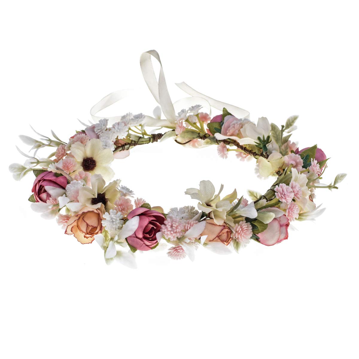Floral Fall Camellia Flower Crown Rose Headpiece Wedding Bridal Flower Girl Halo Maternity Photo Props FL-03 (Pink Flower with B