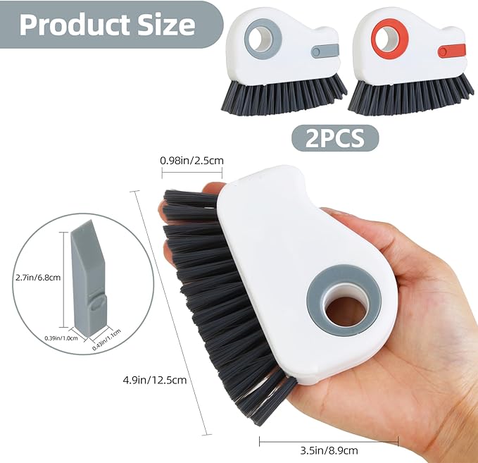 2 PCS 2 in 1 Groove Cleaning Brush (with Hidden Scraper or Mini Dustpan), Multifunction Window Track Cleaner - for Glass Door Tracks, Window Sills, Sliding Doors, Shower Door Tracks (Orange + Grey)