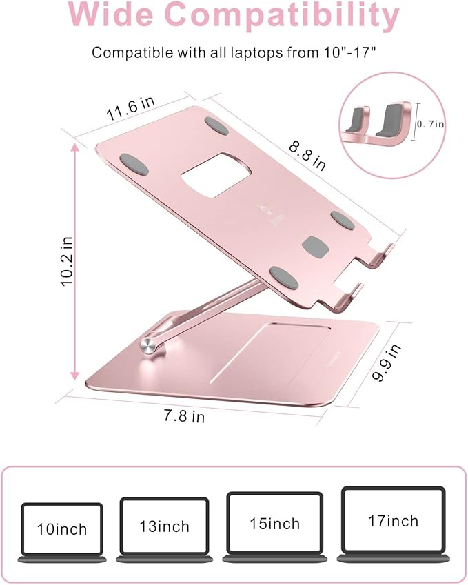 brocoon Adjustable MacBook Pink Laptop Stand for Desk | Ergonomic Aluminum Laptop Riser with Heat-Vent, Compatible for 10-17" Laptops, Rose Gold