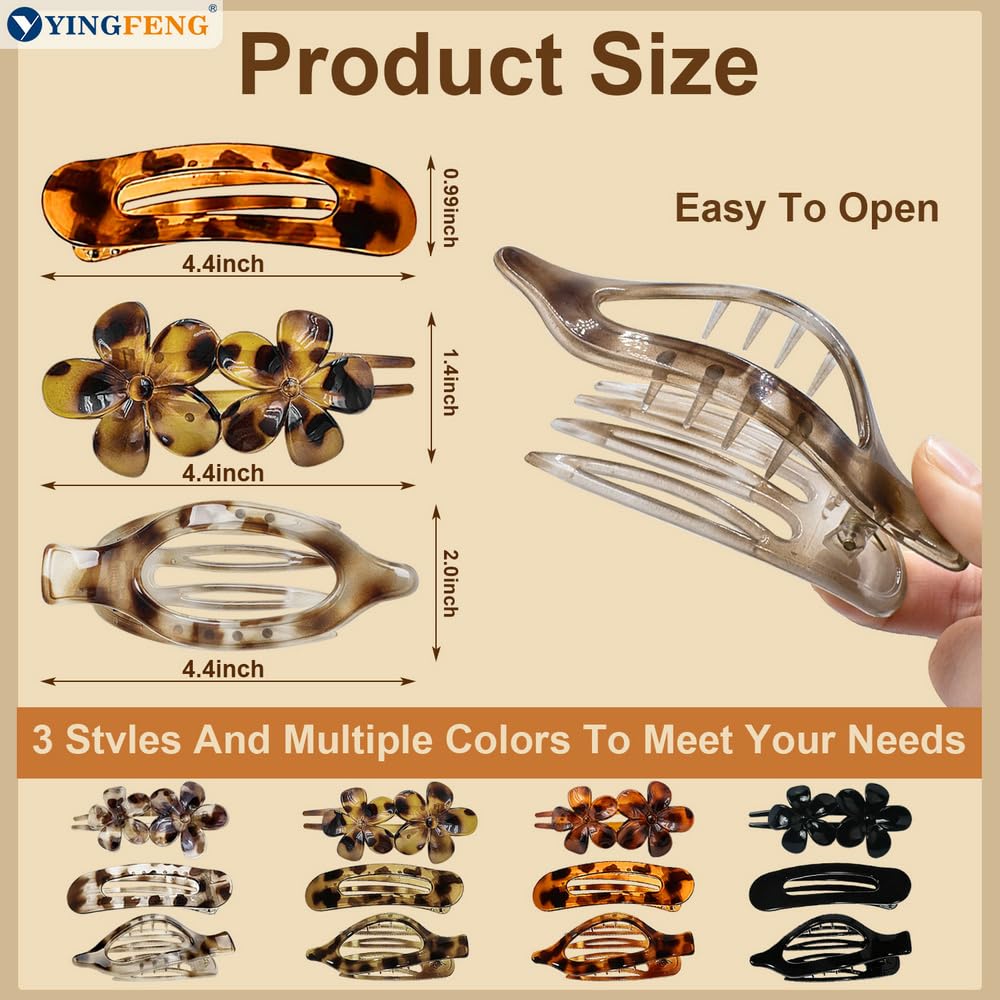 12 Pcs Tortoiseshell Flat Hair Clips, YINGFENG Flat Claw Clip for Women, Bright Non-Slip Flower Claw Clips for Thin Thick Hair,