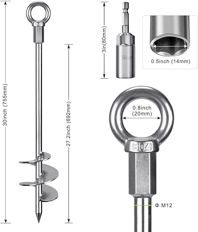 Insaga 30'' Ground Anchors Screw in Heavy Duty 12mm Solid Steel, 3" Spiral Blade with Smooth Edges, Fully Welded Design for Mobile Home, Shed, Trampoline, Swing Set, Carport, Earth, Tent, 6Pack