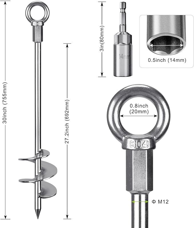 Insaga 30'' Ground Anchors Screw in Heavy Duty 12mm Solid Steel, 3" Spiral Blade with Smooth Edges, Fully Welded Design for Mobile Home, Shed, Trampoline, Swing Set, Carport, Earth, Tent, 2Pack