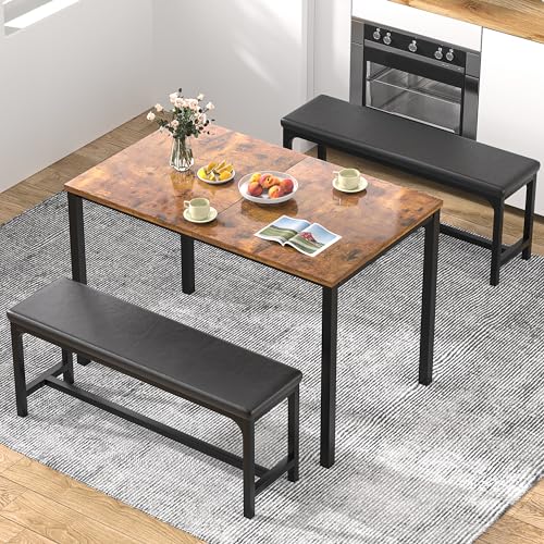 VECELO 3-Piece 63" Extendable Kitchen Table with Benches/Chairs, Modern Breakfast Dinette/Dining Room Set for 4/6/2, Small...