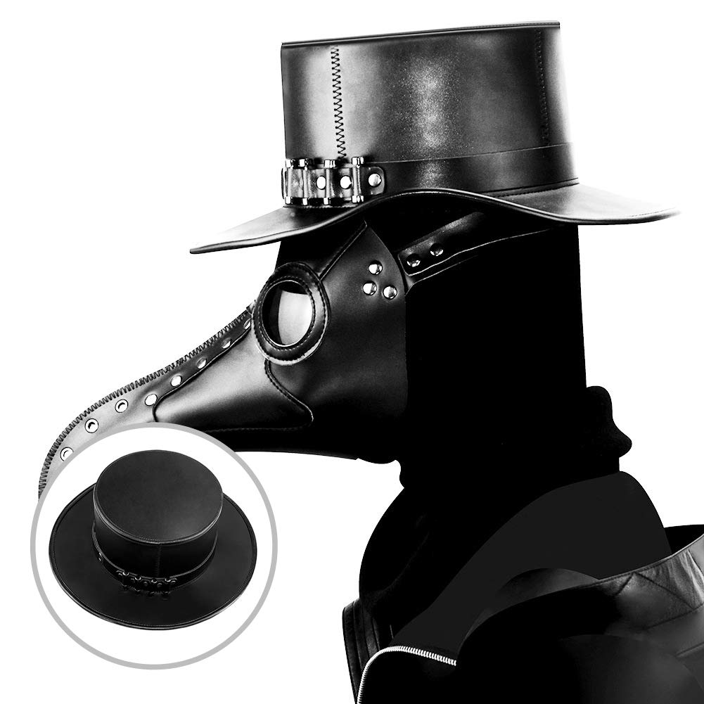 Azurtis Black Leather Plague Doctor Hat Vintage Flat Top Dress Up Hat Steampunk Halloween Top Hat