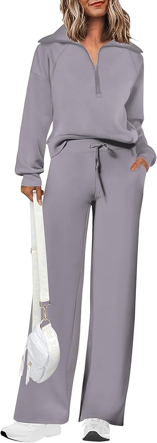 PRETTYGARDEN Women's 2 Piece Outfits Casual Lapel Half Zip Sweatshirts and Wide Leg Pants Tracksuit Sets