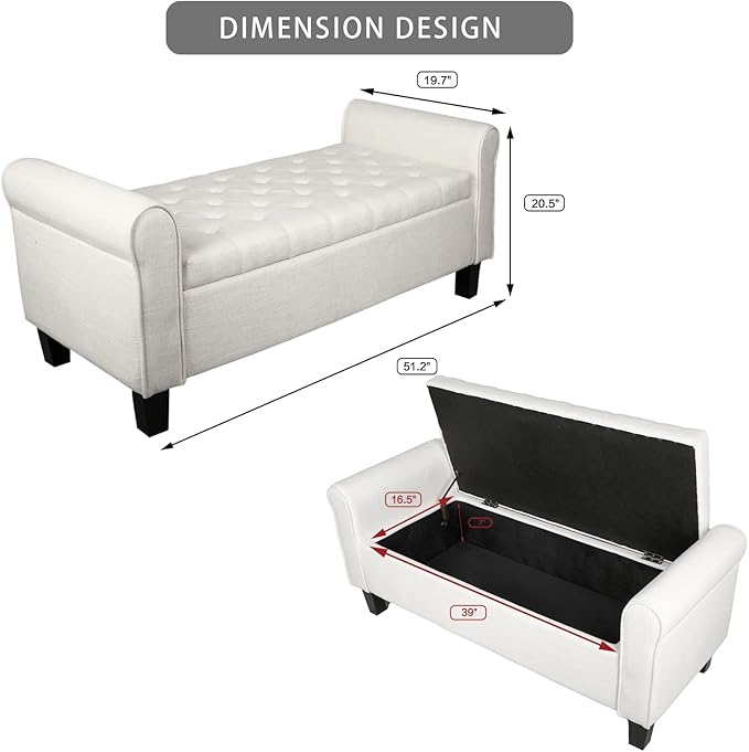 Babion Storage Bench for Bedroom End of Bed, Button Linen Fabric Storage Ottoman Bench 51 Inch, End of Bed Storage Bench with Upholstered, Rolled Arm Window Bench Seat with Solid Wood Legs, Beige