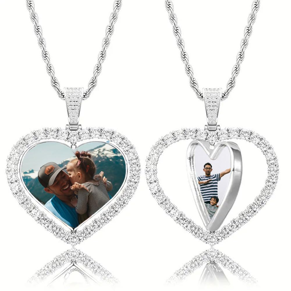 Personalized Heart Photo Necklace for Women - Custom Picture Pendant with Rhinestones, Memorial Gift for Wife Girlfriend Mom, Anniversary Birthday Jewelry Keepsake (Style 1)