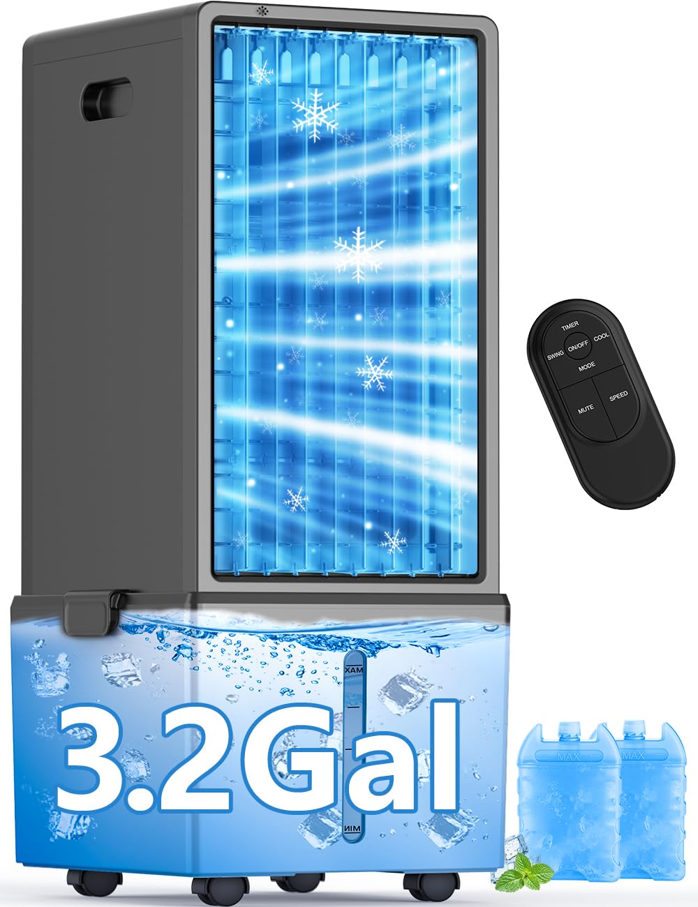 COOLECH 4-IN-1 Windowless Air Conditioner w/ 3.2-Gal Tank for 30H Cooling, 4 Wind Speeds & 4 Modes, Waterless Alert System, LED Touch Screen & Remote, 12H Timer, Swamp Cooler Air Conditioner for Room