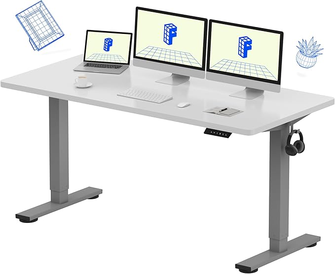 FLEXISPOT EN1 One-Piece Adjustable Stand Up Desk Workstation - Electric Standing Desk with Seamless Desktop (Silver Frame + 60 inches White Top, 2 Packages)