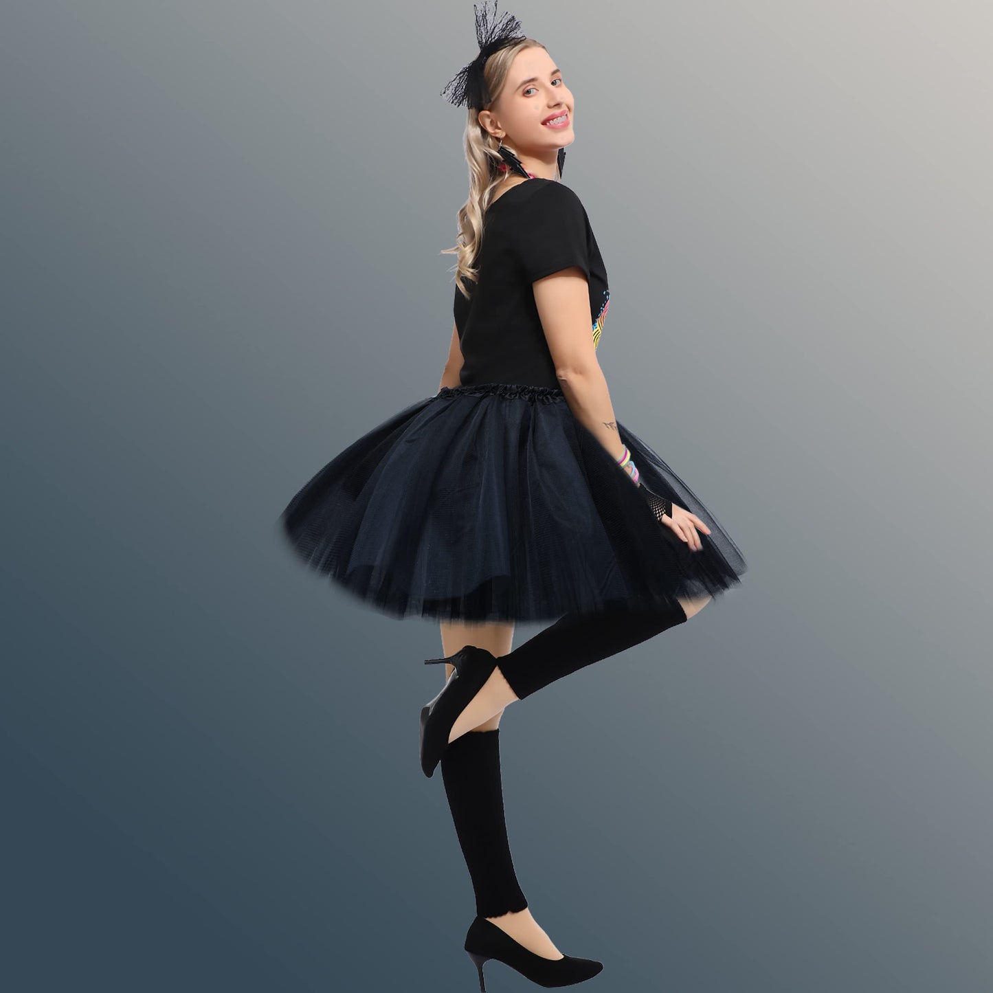Sincere Party Women's 80s Costume Set Cotton T-Shirt,Pants,Tutus,Leg Warmers,Gloves,Necklace,Bracelets,Headband,Earrings(Black,XXL14-16)