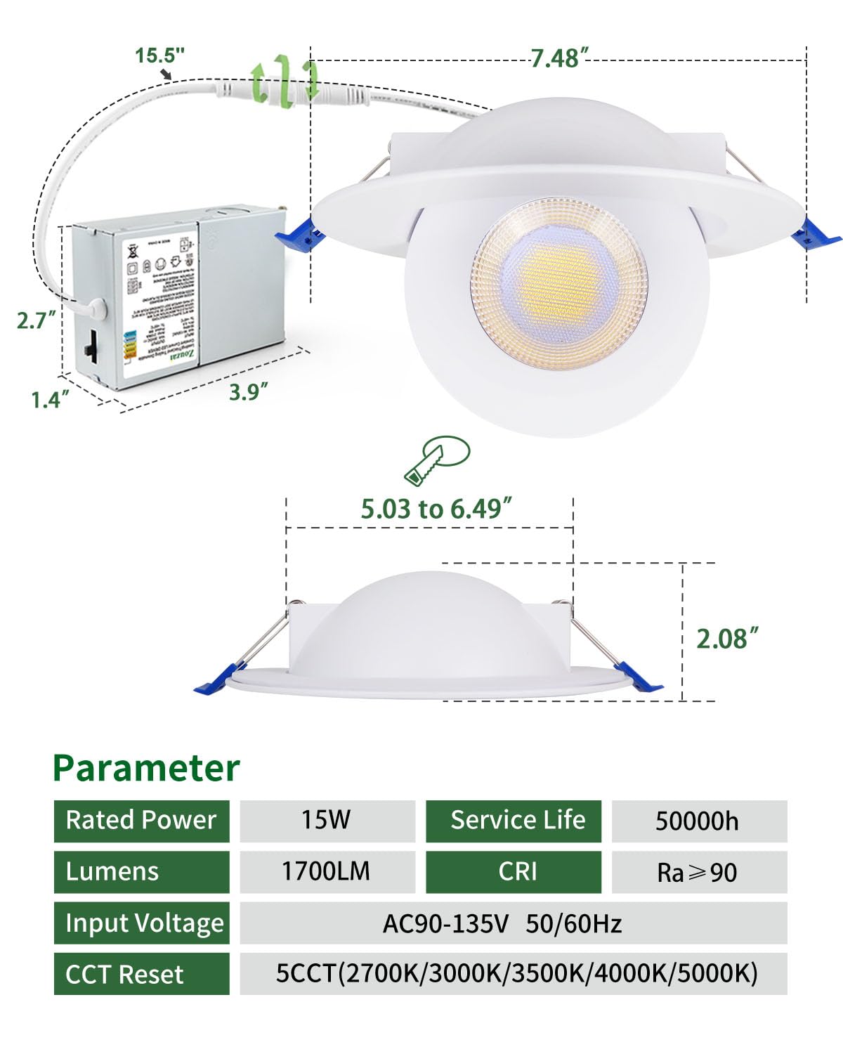 zouzai 6 inch 5CCT Gimbal Led Recessed Lights, 360°+90° Adjustable Directional Recessed Lighting, 2700K/3000K/3500K/4000K/5000K Dimmable Retrofit Eyeball Can Lights with Jbox, ETL(White, 12 Pack)