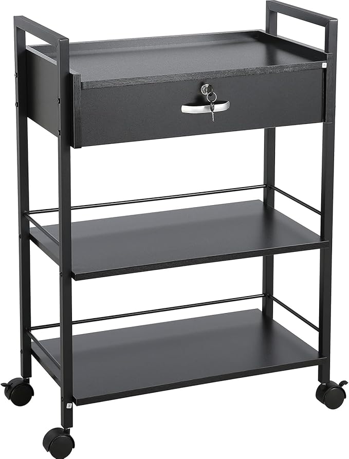 VEVOR Beauty Salon Trolley Cart, 3-Tier Hair Salon Stations Cabinet for Stylist with Lockable Drawer, MDF Rolling Storage Station with 4 Wheels (2 Lockable) for Beauty SPA Barbershop Tattoo