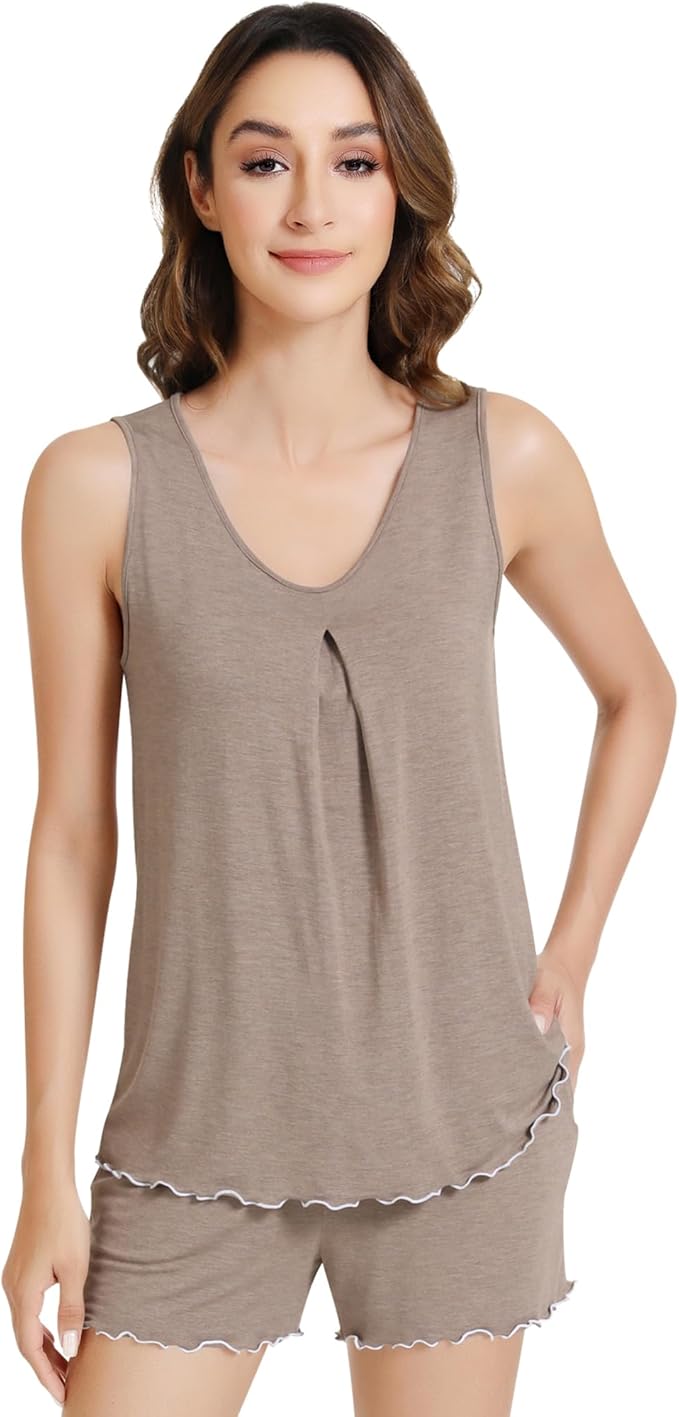 NACHILA Pajamas for Women-Viscose from Bamboo, Ribbed Racerback Tank Top Sexy Split Shorts Pajama Sets Cooling Sleep Cami Pjs