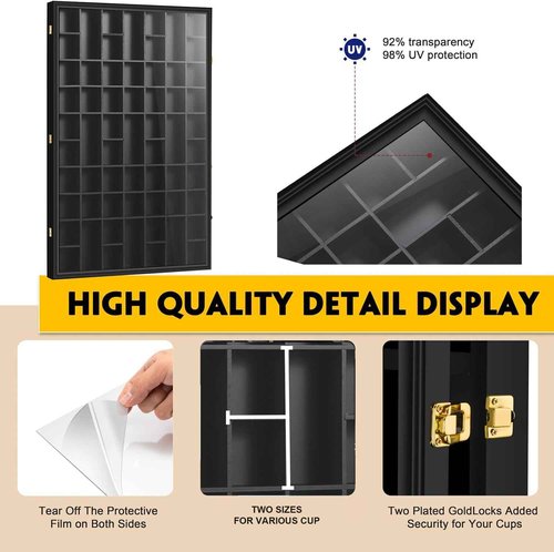 Black Shot Glass Display Case Large 61 Slots Glass Display Holder Wall Mounted Storage Shadow Box with UV Protection Acrylic Glass Door for Room Decor
